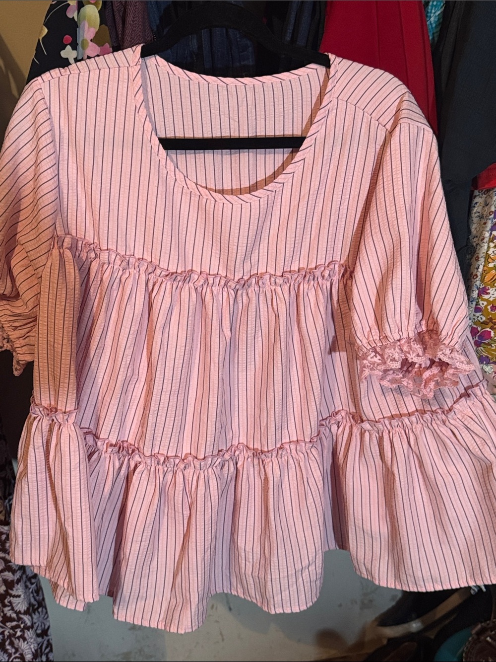 SHEIN Pink Striped Ruffle Tiered Blouse